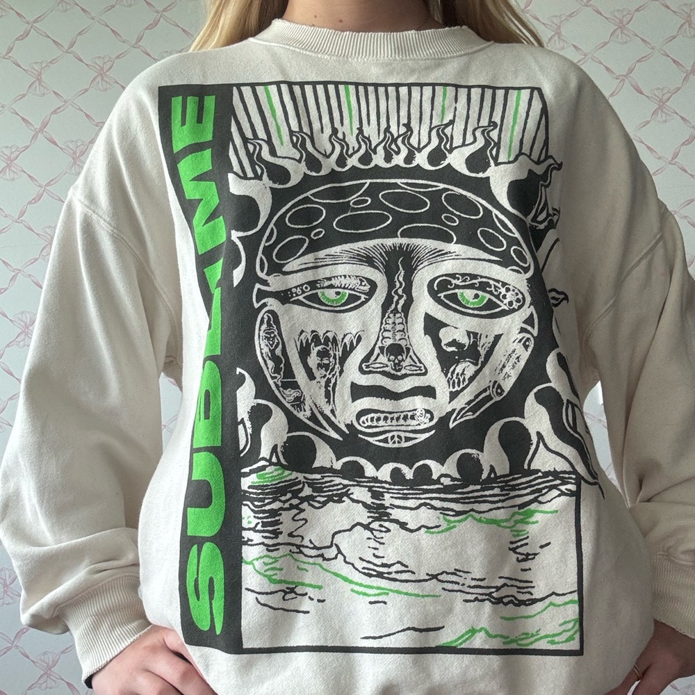 Cream and Green Graphic Men's Sweater